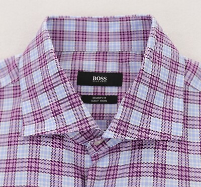 #ad HUGO BOSS Miles Dress Shirt Men#x27;s 16.5 X 35 Purple Blue Plaid Sharp Fit Cotton $31.99