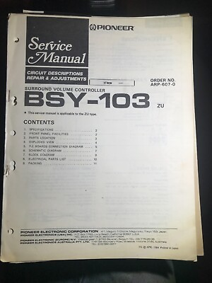 #ad Pioneer BSY 103 Service Manual Surround Volume Controller Original $9.99