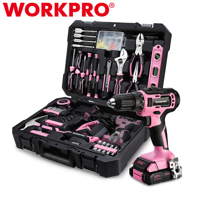 #ad WORKPRO 20V Pink Cordless Drill Driver Kit Home Tool Set 141PC Hand Tool Kit NEW $109.99