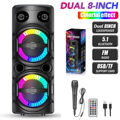 #ad Dual 8quot; Woofer Portable FM Bluetooth Party Speaker Heavy Bass Sound With Mic LED $55.99