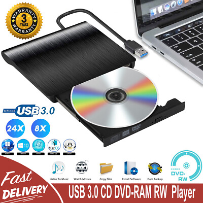 #ad USB 3.0 Slim External CD DVD Drive Disc Player Burner Writer For Laptop PC Mac $12.89