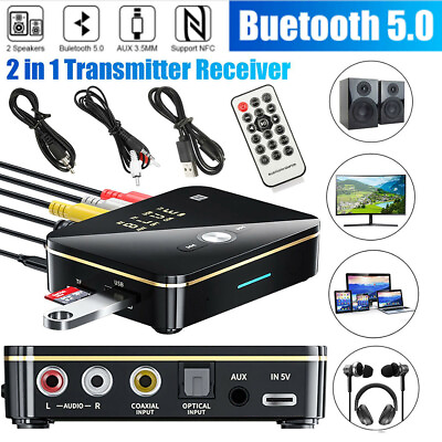 #ad USB NFC Bluetooth 5.0 Wireless Transmitter Receiver to 2RCA Stereo Audio Adapter $21.59