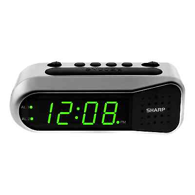 #ad SHARP Digital Dual Alarm Clock Silver with Green LED Display Ascending Alarm $12.42