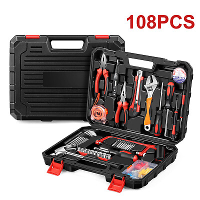 #ad 108 PCs Home Tool Set General Basic Household Repairing Tool Kits w Storage Box $28.99