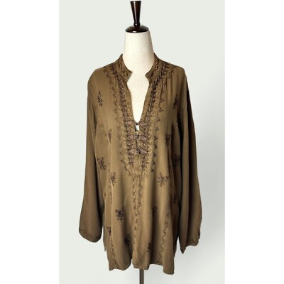 #ad Soft Surroundings Shirt Women Extra Large Brown Embroidered Long Sleeve Tunic $31.99