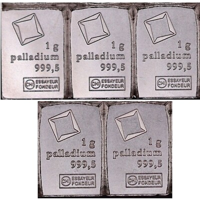 #ad Lot of 5 1 gram Palladium Bar .9995 Fine Bar Valcambi Suisse CombiBar™ $216.59