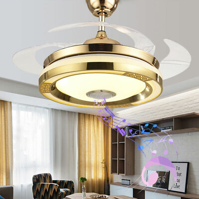#ad Gold Retractable LED Ceiling Fan Lamp Chandelier W Bluetooth SpeakerRemote 42quot; $99.01