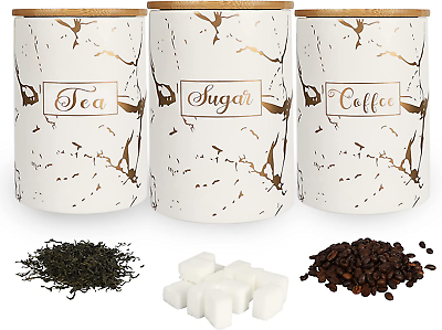 #ad White Kitchen Ceramic Canister Sets Airtight Set of 3 Coffee Sugar Tea Storage $52.99