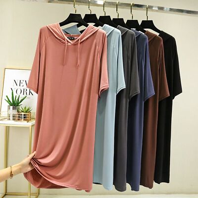 #ad Women Summer Hooded Dress Half Sleeve Modal Casual Loose Solid Home Dresses Wear $35.69