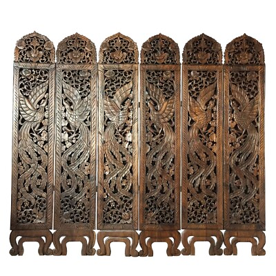 #ad Wood Carving Partition 6 Panels Phoenix Room Divider Home Screen Decor 72quot; High $2500.00