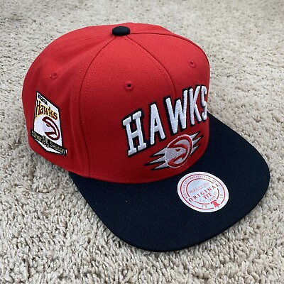 #ad Atlanta Hawks Mitchell amp; Ness Hat Red SnapBack Arch Block Silver 25 Patch Cap $18.67
