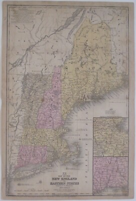 #ad Original 1844 Mitchell Map NEW ENGLAND Boston Providence New Haven Hartford $69.99