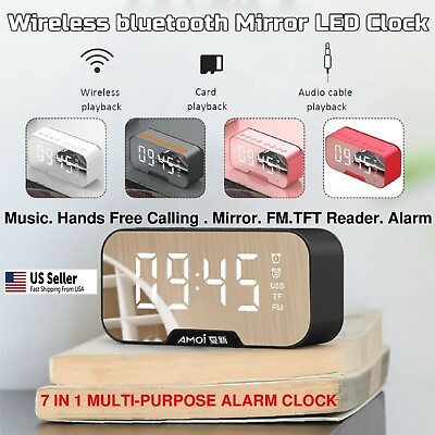 #ad Digital Alarm Clock FM Radio Wireless Bluetooth Mirror LED With Speaker Portable $16.99