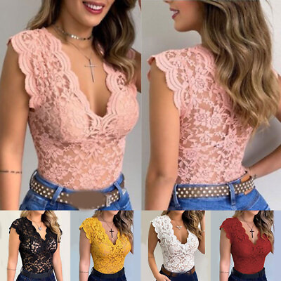 #ad Womens V Neck Lace Sexy Tank Tops Ladies Slim Fit Stretch Vest Shirt Size 6 16↷ $7.28