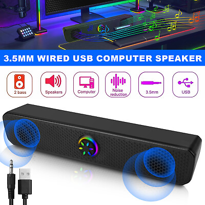 #ad 3.5mm USB Computer Speakers Soundbar Stereo Bass Sound Wired for Desktop Laptop $18.98
