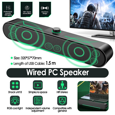 #ad RGB Wired Speaker PC Laptop Soundbar Stereo Bass USB Computer Bluetooth Speaker $24.98