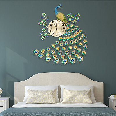 #ad Home 3D Peacock Wall Clock Large Metal Watch Living Room Art Decor Modern Luxury $63.85