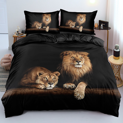 #ad 2021 Home 3D Lion Duvet Cover Black Linen Bed Pillow Black Top Hot $125.85