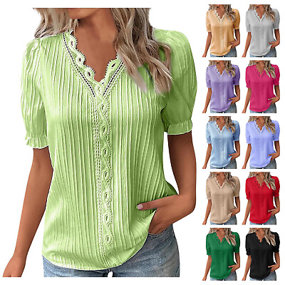 #ad Women Summer V Neck Short Sleeve Pullover Shirt Ladies Solid Casual Tunic Blouse $13.89