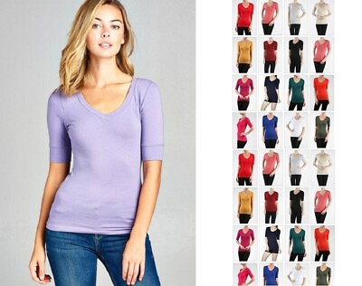 #ad #ad Women Basic V NECK Elbow SHORT Sleeve T Shirt Top Cotton Stretch REG N PLUS S 3X $8.99