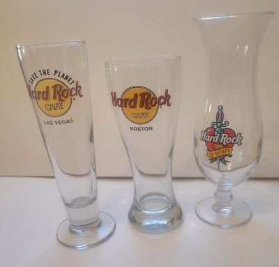 #ad 3 Hard Rock Cafe Beer Pilsner Glass Los Vegas Boston 25th Annv Hurricane Glass $13.75