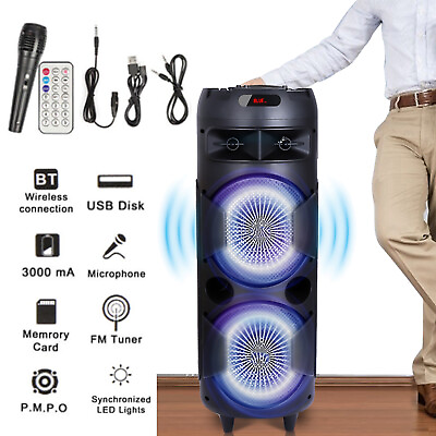 #ad 6000W Dual 8quot; Woofer Portable Bluetooth Party Speaker Heavy Bass Sound Mic FM $75.99