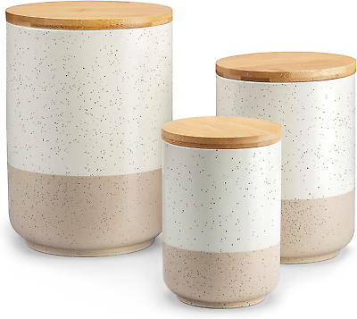 #ad Set of 3 Ceramic Food Storage Jars with Airtight Wood Lids Canister Sets $56.99