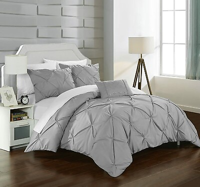 #ad Chic Home 4 Pc Daya Pinch Pleat Duvet Cover Set Silver Grey NEW TWIN DS2505 $24.99