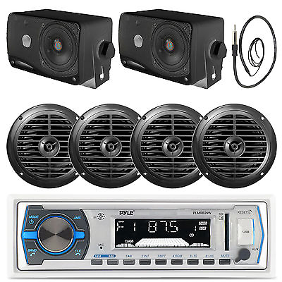 #ad #ad White Pyle USB Bluetooth Boat Radio 4 Marine 6.5quot; Speakers 3.5quot; Box Speakers $123.49