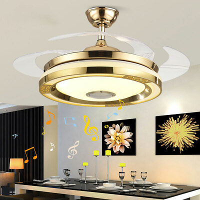 #ad 42quot; Gold Retractable LED Ceiling Fan Lamp Chandelier W Bluetooth SpeakerRemote $103.96
