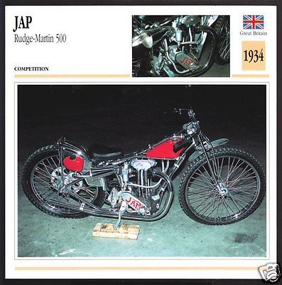 #ad 1934 JAP Rudge Martin 500cc 497cc Speedway Race Motorcycle Photo Spec Info Card $2.95