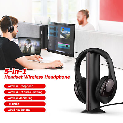 #ad 5 in 1 Cordless TV Headphones Over Ear HiFi Stereo Headset for TV CD Radio J7P3 $14.99