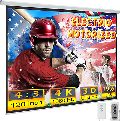 #ad 120Inch Motorized Projection Screen 4:3 4K 3D HD Electric Projector Screen Wa $207.17