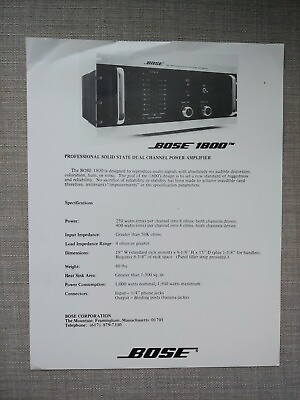#ad Bose 1800 professional solid state dual channel power amplifier spec sheet $5.95
