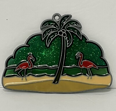 #ad Pink Flamingo Stained Glass Style Home Sun Catcher Palm Tree Kitschy Vintage $8.99
