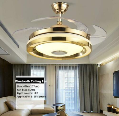 #ad 42quot; LED Ceiling Fan Light Gold Retractable Chandelier W Bluetooth Speakeramp;Remote $93.96