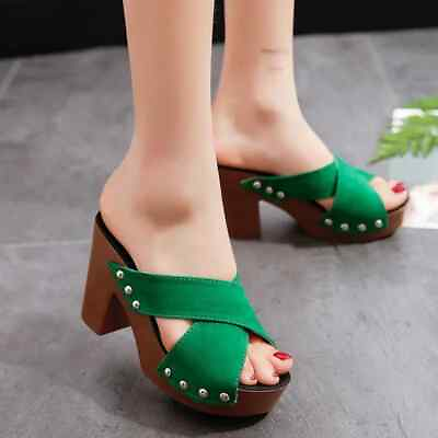 #ad Summer Women Sandals Square Heel High Heels Platform Pumps Slippers Party Shoes $38.81