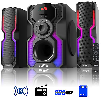 #ad beFree Sound 2.1 Channel Wired Shelf Speaker System w Bluetooth USB Remote FM $119.95